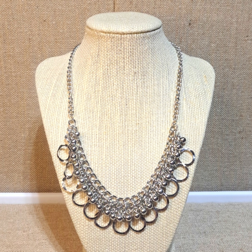 Silver Chain Chunky Statement Beaded Necklace Short Circles Hoops Dangles
